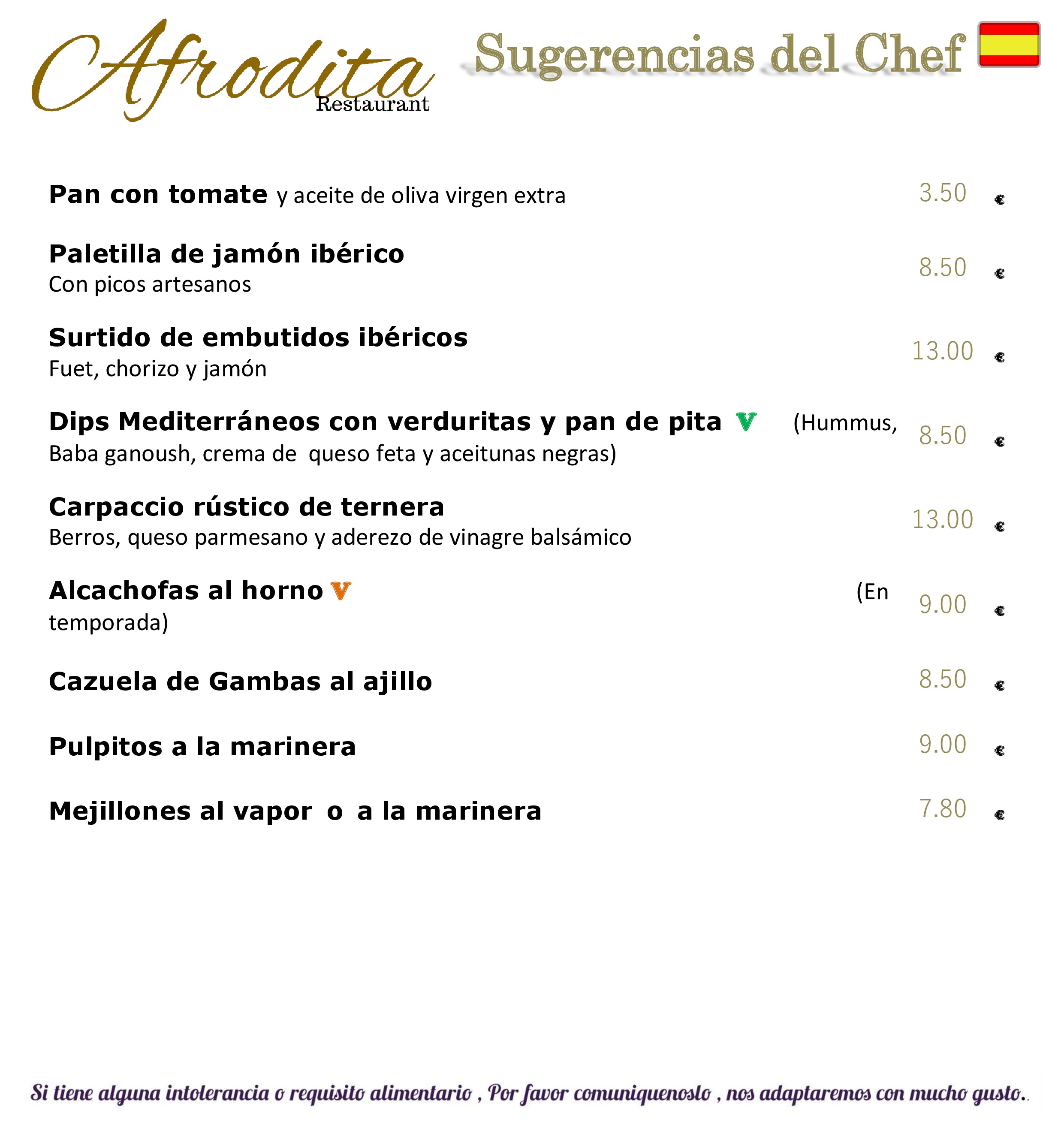 Afrodita Restaurant Carta