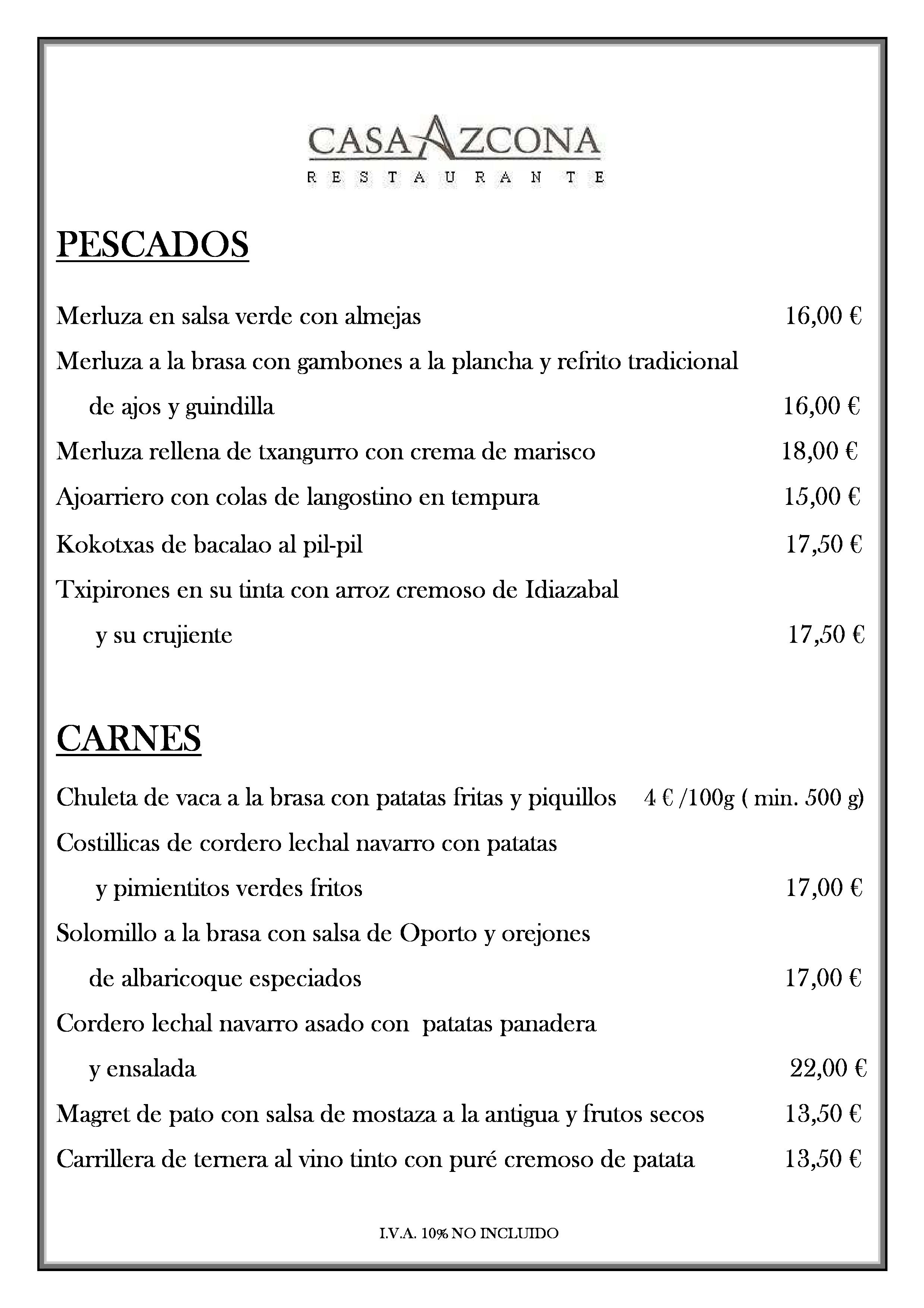 Restaurante Casa Azcona Carta
