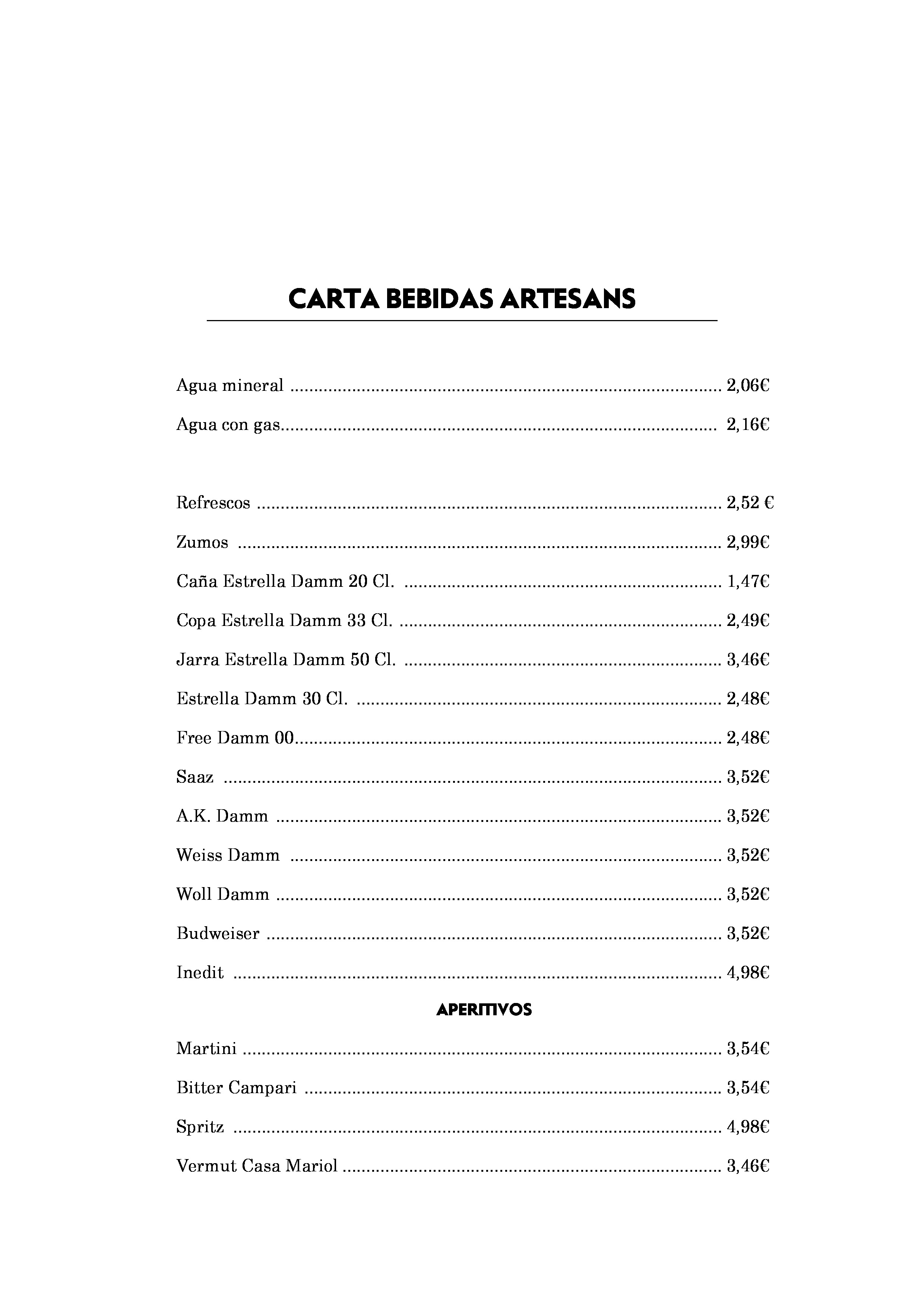 Artesans Restaurant Carta