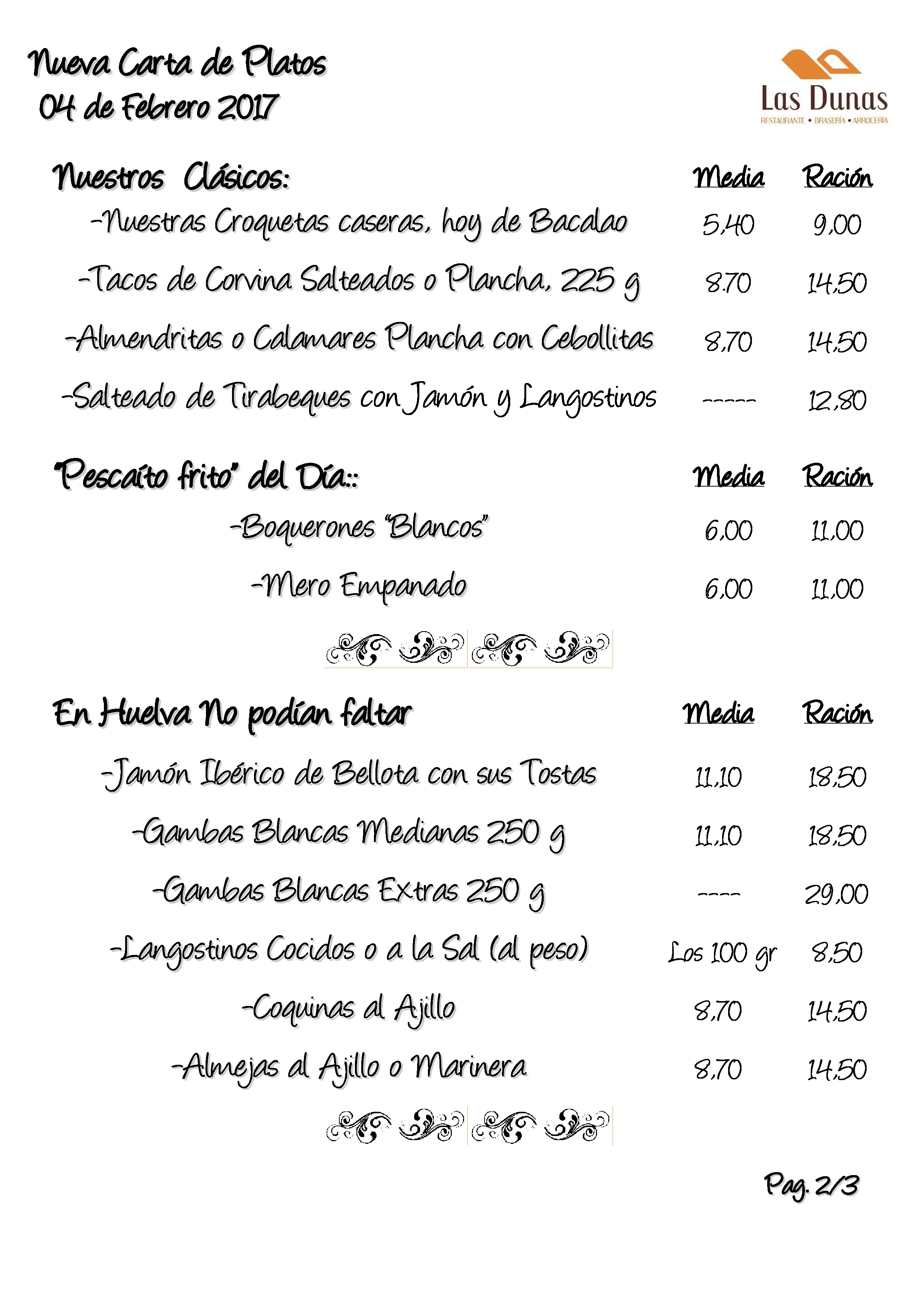 Restaurante Las Dunas Carta