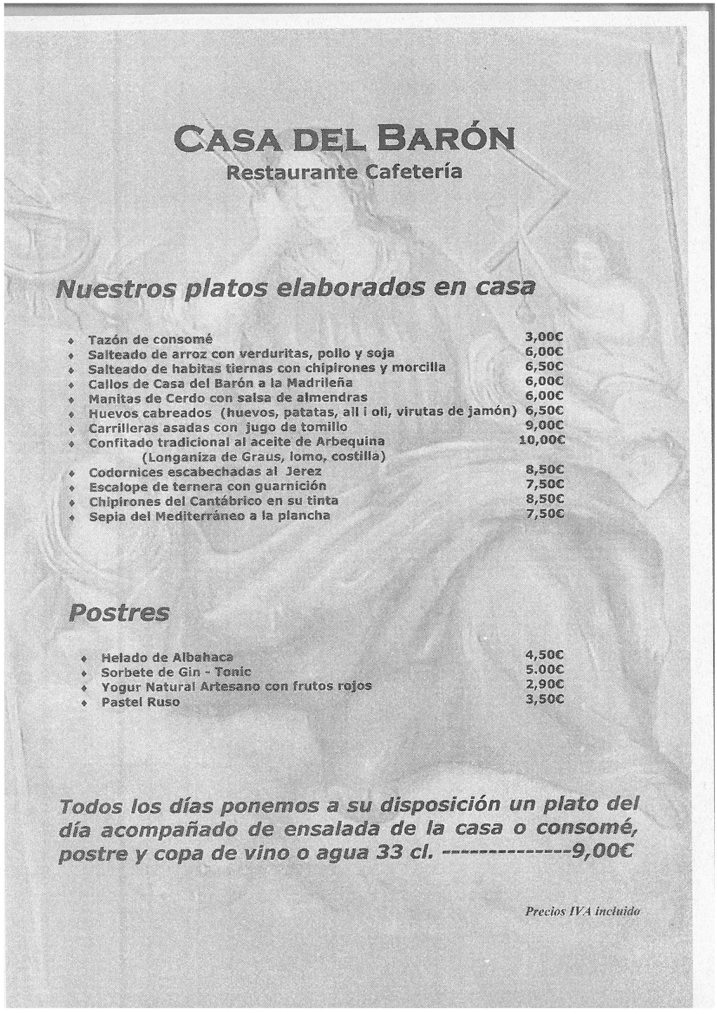 Restaurante Cafetería Casa del Barón Carta
