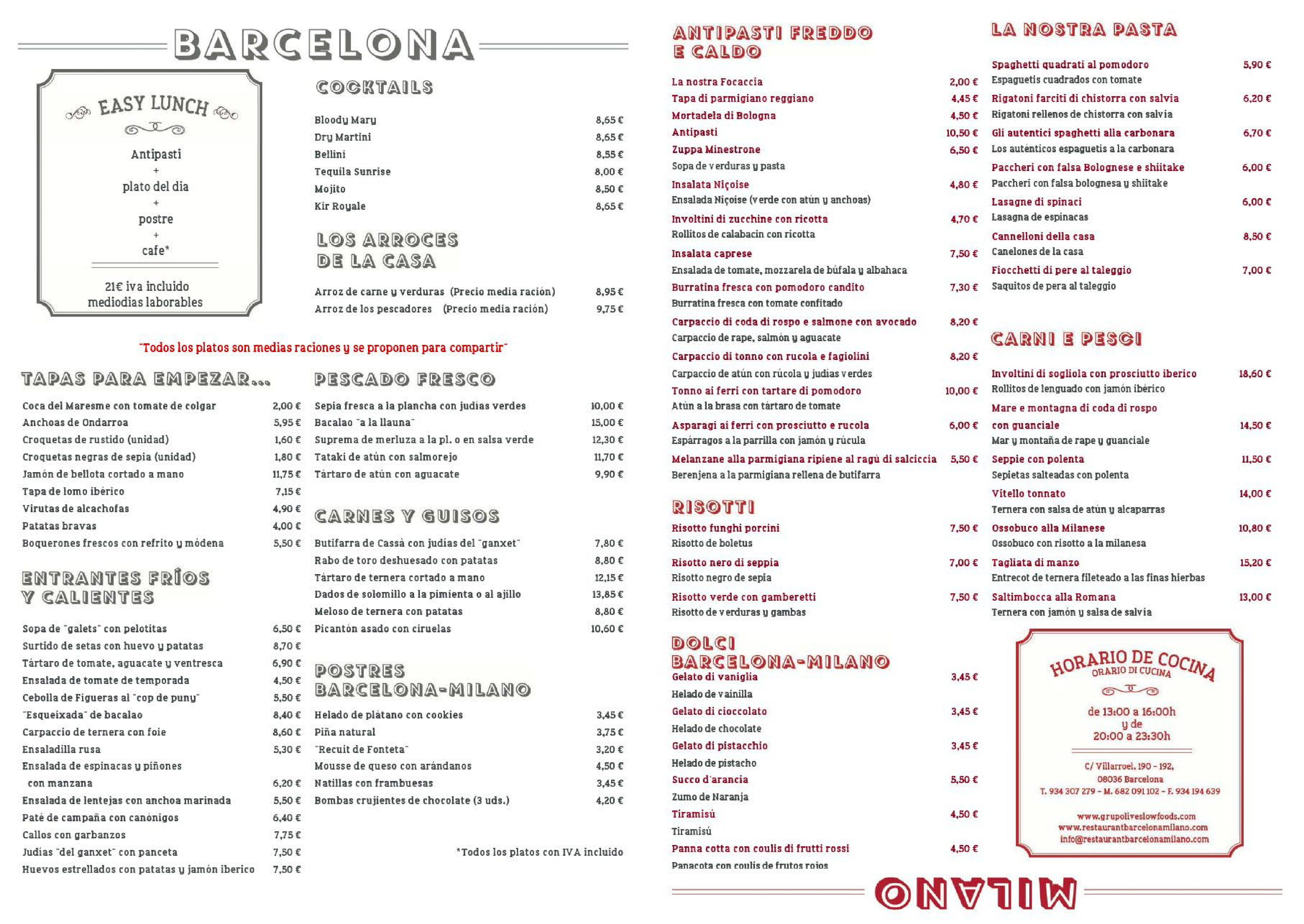 Restaurant BarcelonaMilano Carta