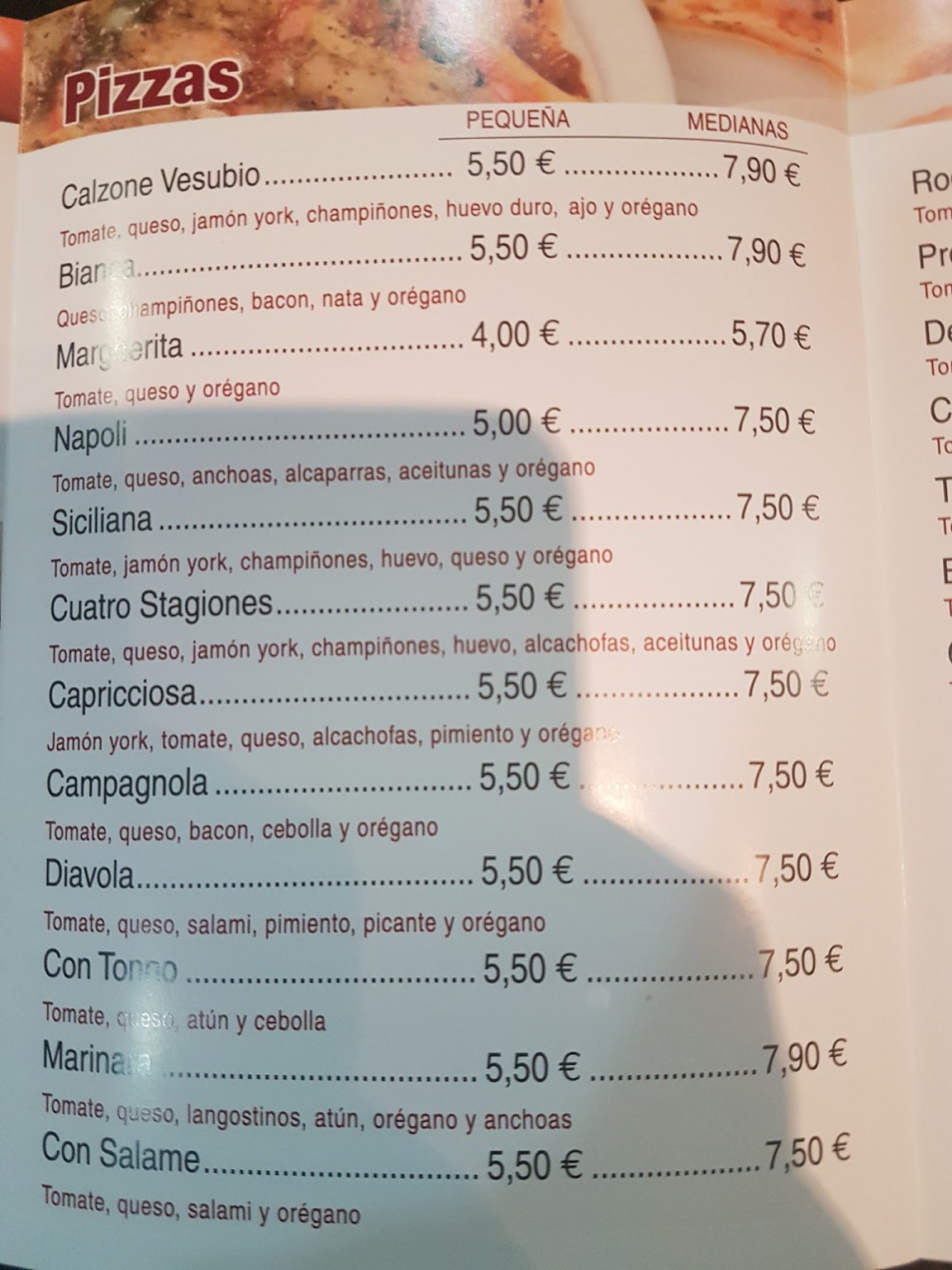 Pizzeria Restaurante Vesubio Carta
