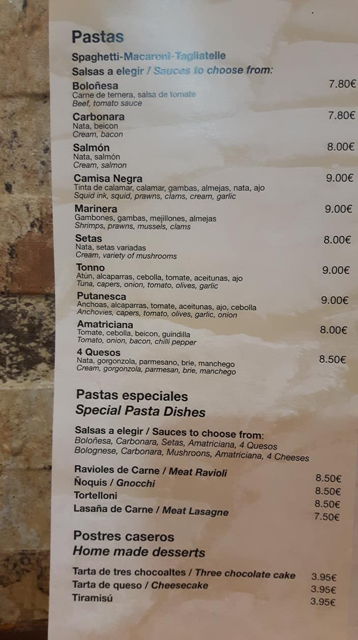 Pizzería Via Appia Carta