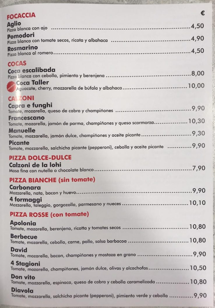 Taller De La Pizza Carta